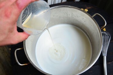На 10 литров молока 2,5 ложки разведенного пепсина добавляем в теплое молоко